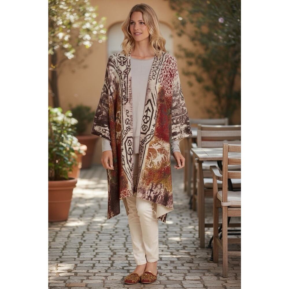 Soft Surroundings Open Front Ruana Poncho Wrap Lagenlook Wool Blend Artsy O/S